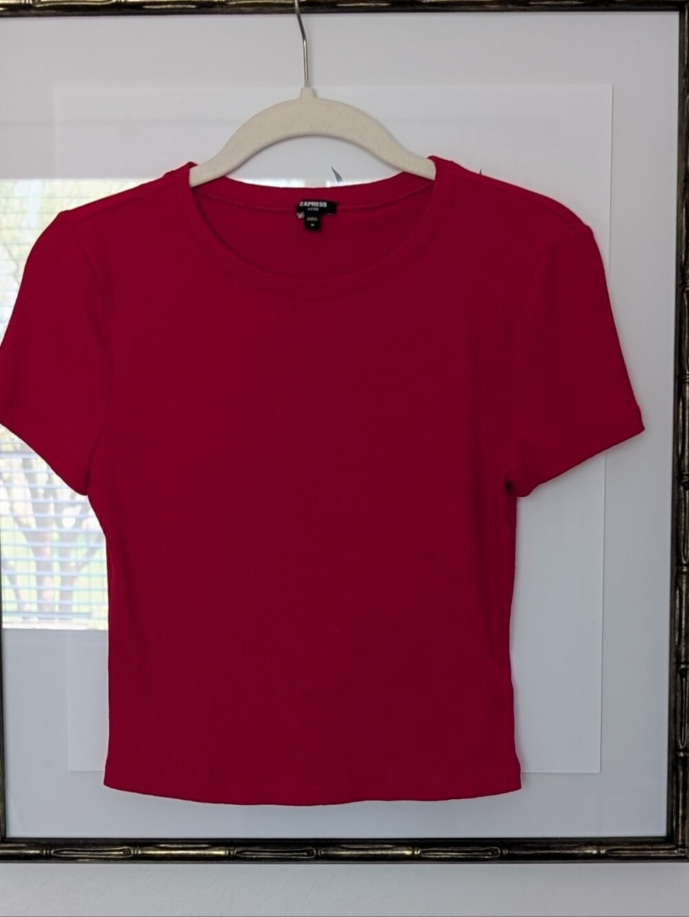 Express Women's Red Crewneck Short Sleeve Fitted Rib Knit Tee - SZ M NWOTs